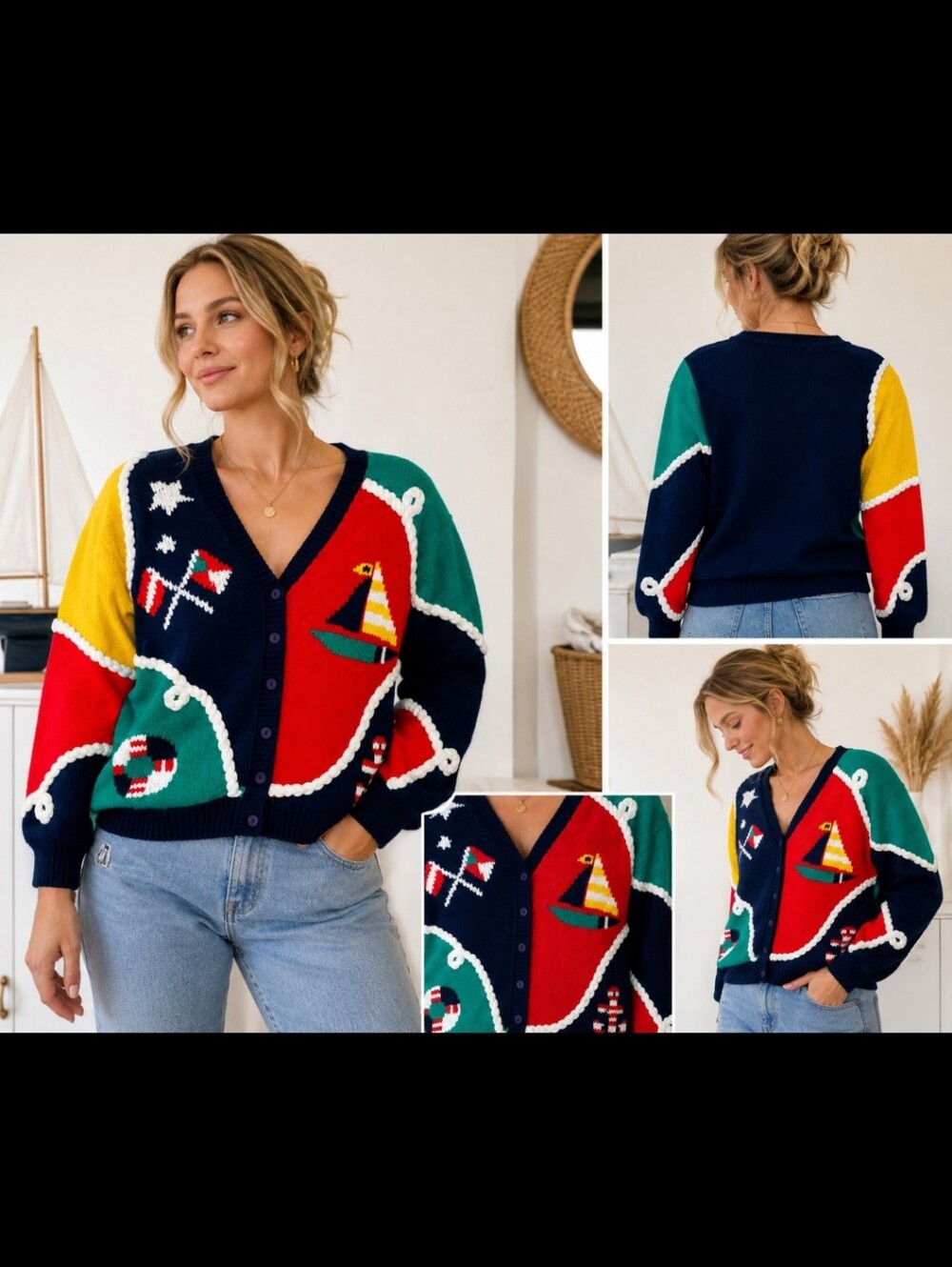 Vintage Bryn Connelly Nautical Sailboat Ramie Cotton Cardigan Sweater Women's M